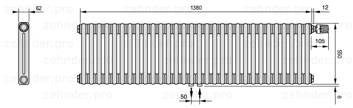 Схема (чертеж) Радиатор Zehnder Charleston 2055/30 №V008 Белый глянцевый RAL 9016